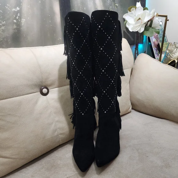 Vince Camuto Black Fringe Studded Over-The-Knee Boots 4" Heels - Picture 6 of 8